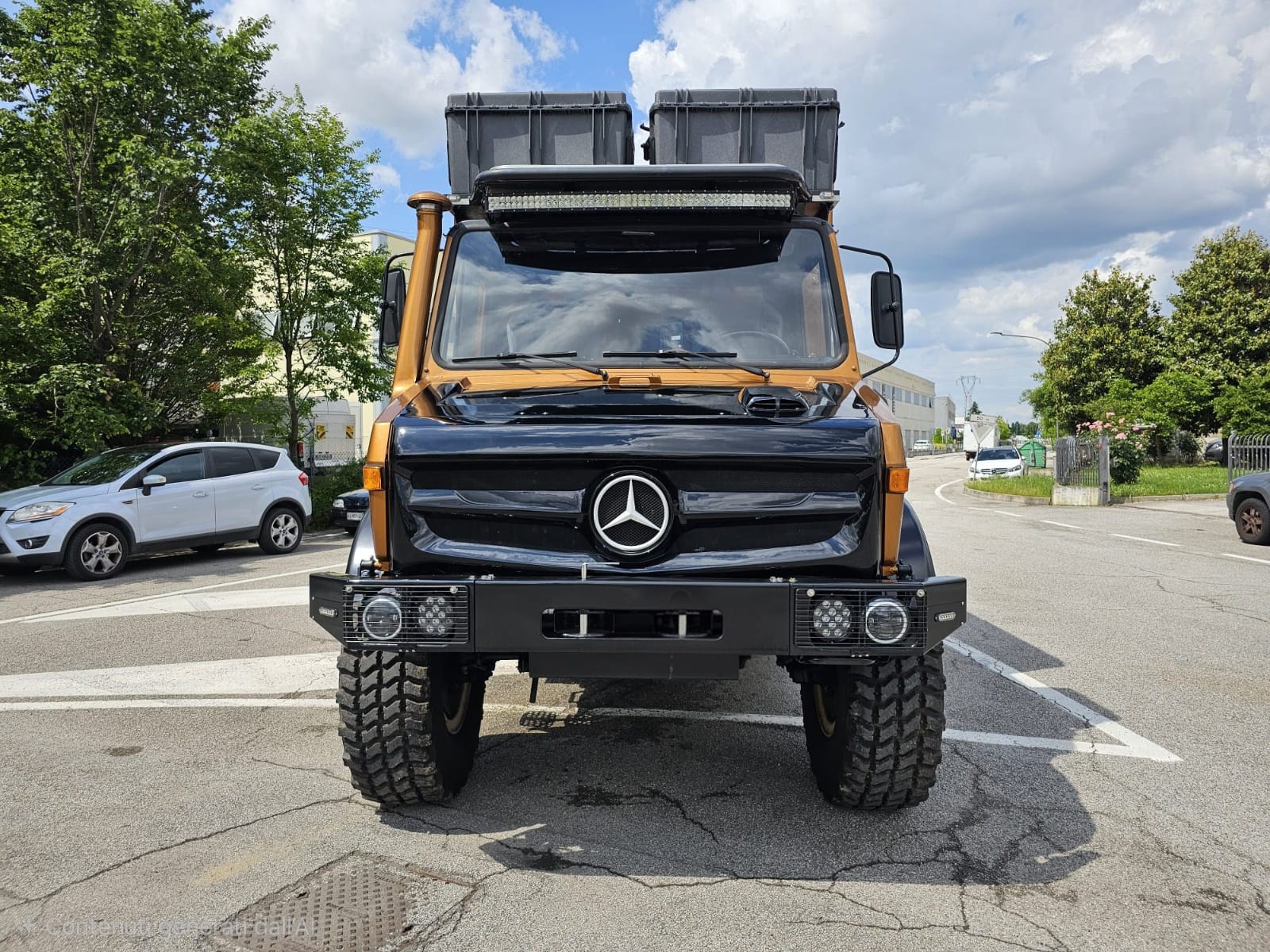 Vista frontale dell'Unimog 435 Expedition Camper